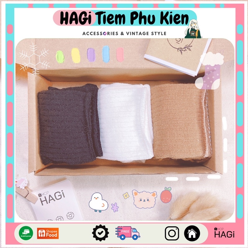 Set 3 Đôi Tất nữ Vintage Sọc Cao Cổ Nhún Phối màu Dễ thương Phong cách Hàn quốc Học sinh Sinh Viên