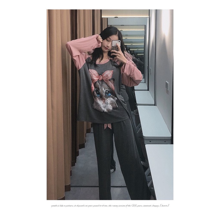 Bộ Đồ Ngủ Tay Ngắn + Quần Dài Màu Trơn In Hình Mèo Nhỏ Dễ Thương Cho Nữ