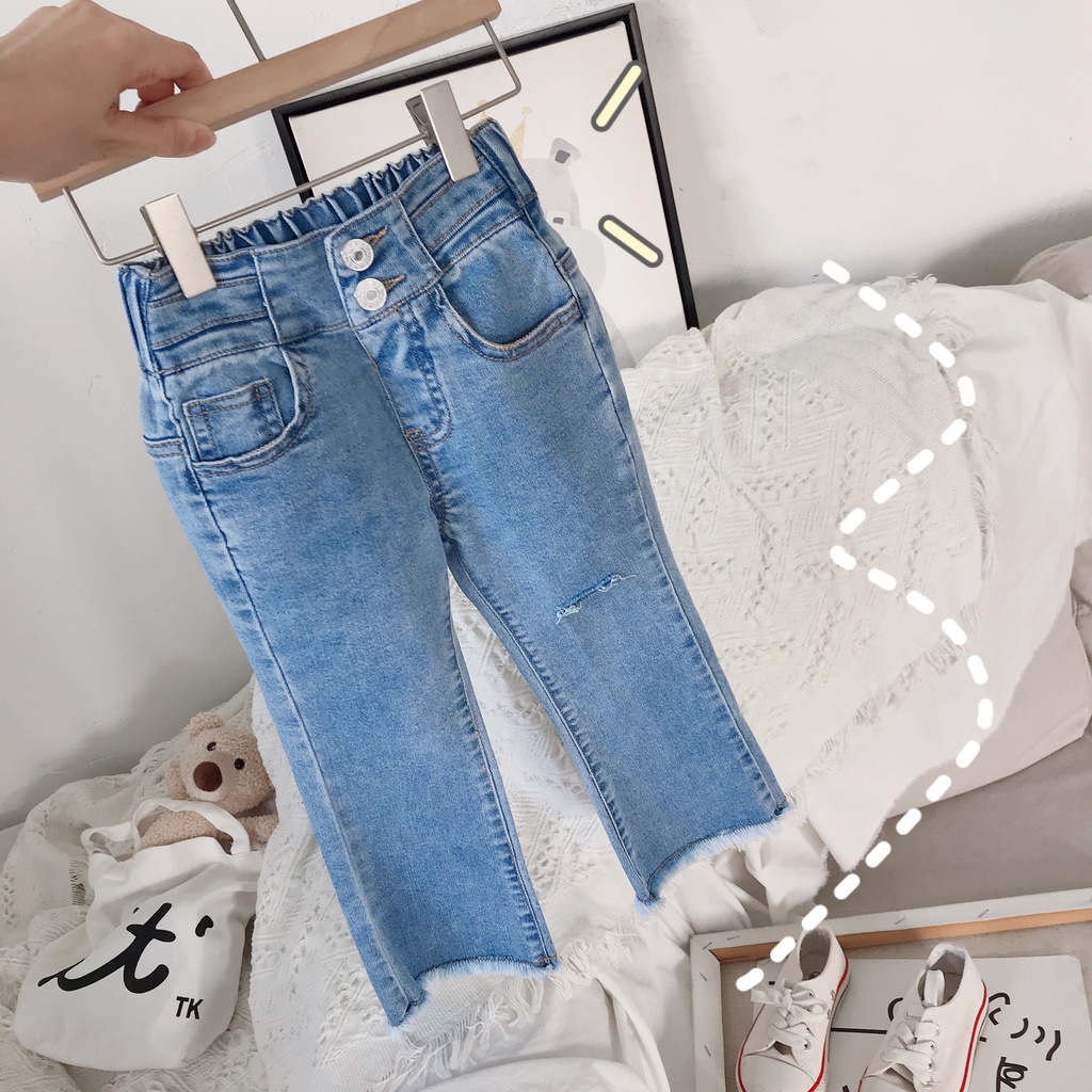 Quần bò cho bé gái DINOKING Quần jean bé gái lưng cao phong cách Hàn Quốc jeans trẻ em 2 - 8 tuổi QD15