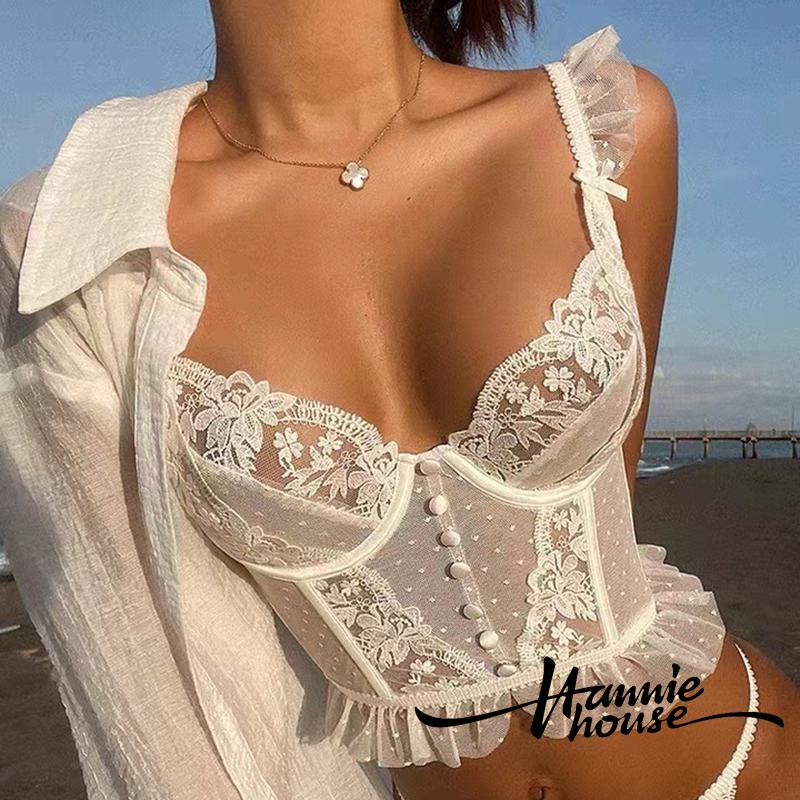 Hannie-Women V-neck Fly Sleeves See-through Lace Hem Cropped Camisole