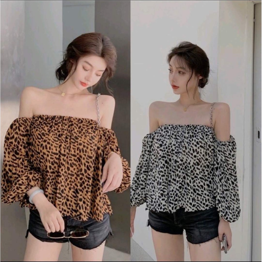 Áo bẹt vai bo tay họa tiết beo chất vải voan cam kết hàng y hình ( size dưới 53kg)