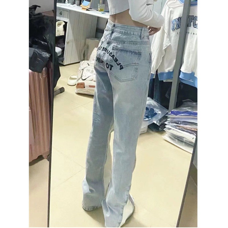 Cocory vn Quần Jeans Nữ Lưng Cao Thêu Chữ Thời Trang