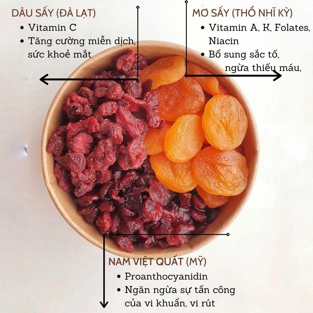 Trái cây sấy dẻo Mix Fruits 3 Loại Quả Sấy (dâu tây, nam việt quất, mơ sấy không đường)