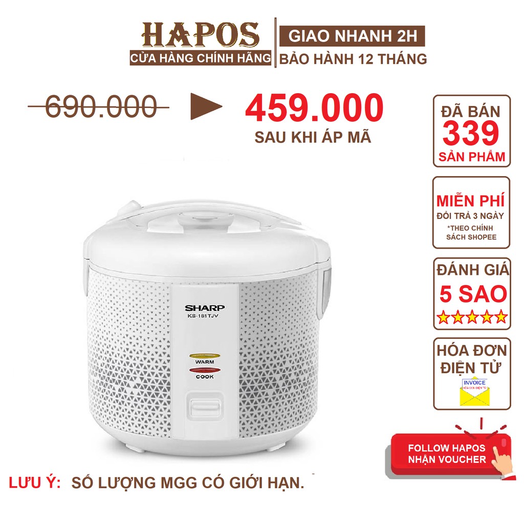 Nồi Cơm Điện Nắp Gài Sharp KS-181TJV 1.8 Lít 700W Nhôm Tráng Men Chống Dính - Nhiều màu