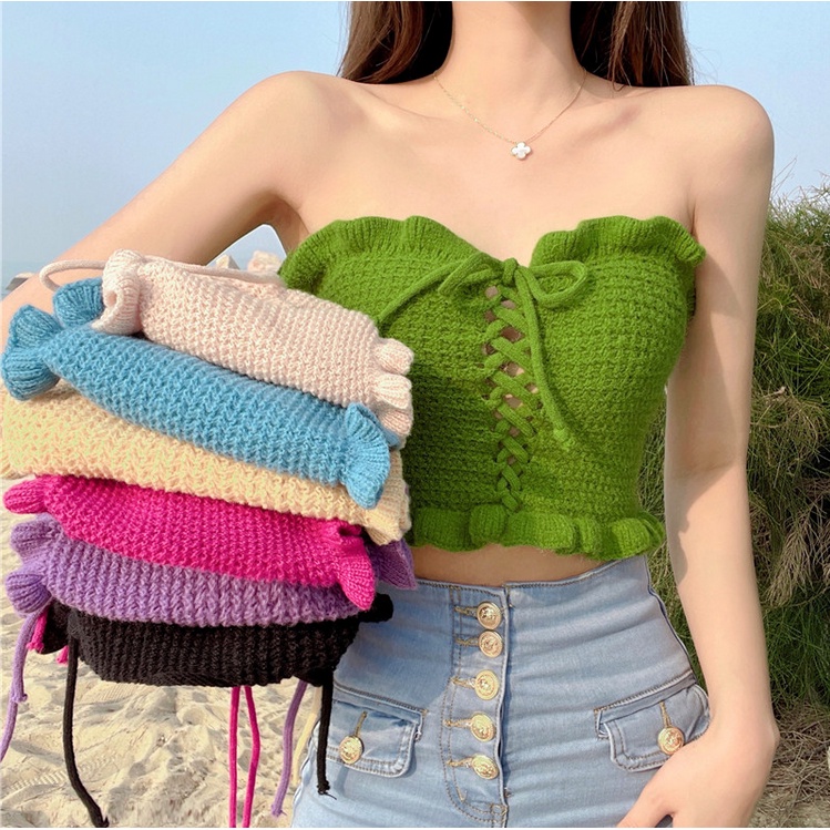 Áo Croptop Lửng Áo Quây có dây cột Hở Rốn Phong Cách Hàn Quốc Thời Trang Cho Nữ