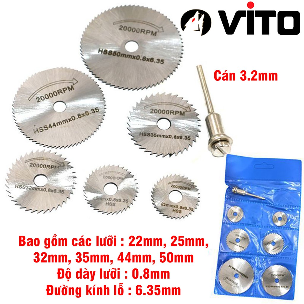 Bộ 7 Chi Tiết (Lưỡi Cắt + Trục) Đĩa Cắt Mini, Cán 3.2mm VITO Thép HSS Chắc Chắn