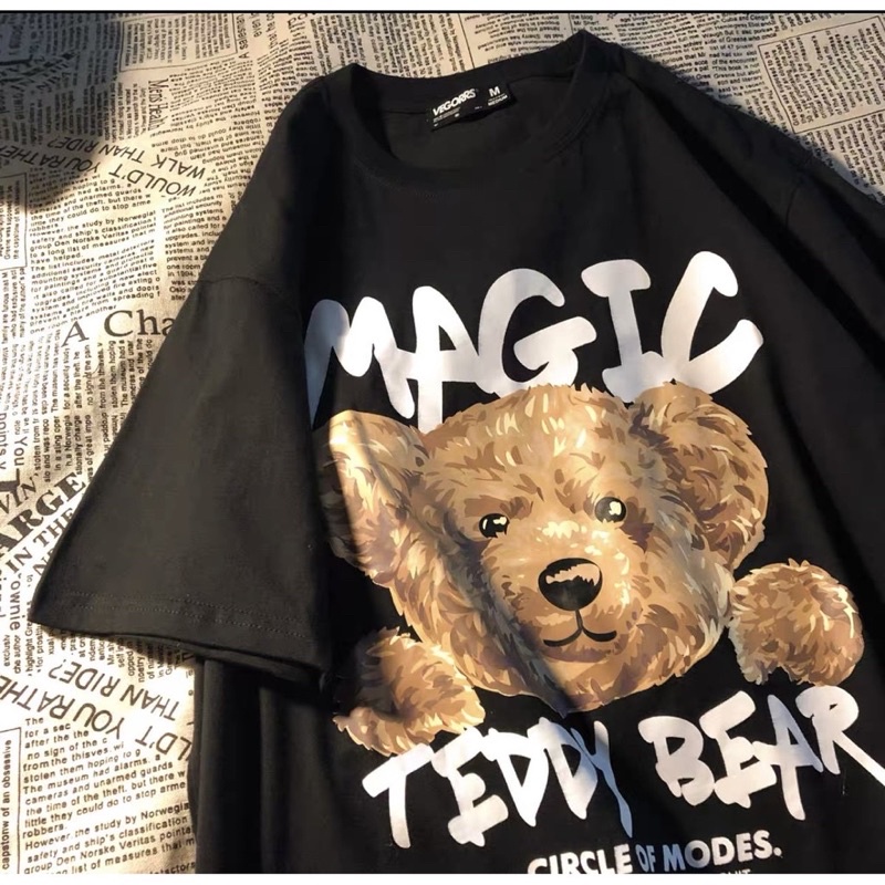 Áo thun unisex nam nữ tay lỡ GẤU MAGIC cotton form rộng, áo phông unisex tay lỡ basic oversize