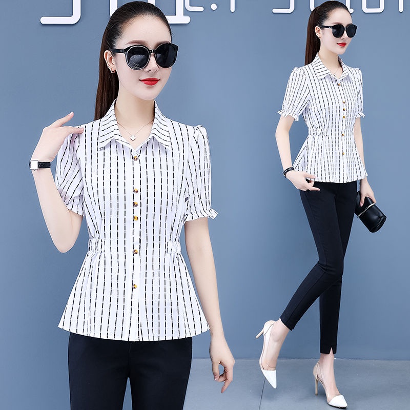 Áo Sơ Mi Nữ Ngắn Tay Sọc Dọc Phong Cách Hàn Quốc Mới