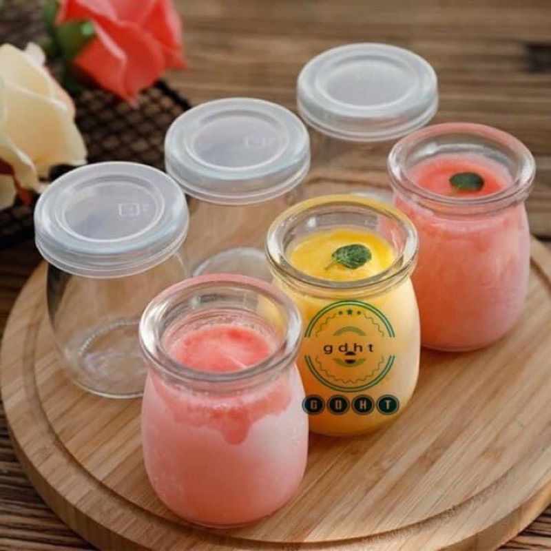 Sét 12 Hũ thủy tinh làm sữa chua hoạ tiết Hello Kitty có nắp đậy 100ml
