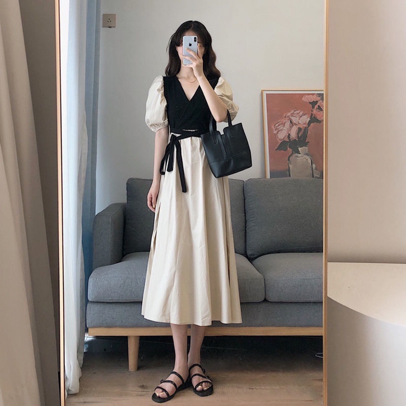 Đầm Dài Phối Màu Tương Phản Giả Hai Mảnh Phong Cách Hàn Quốc Thời Trang Mùa Hè 2022