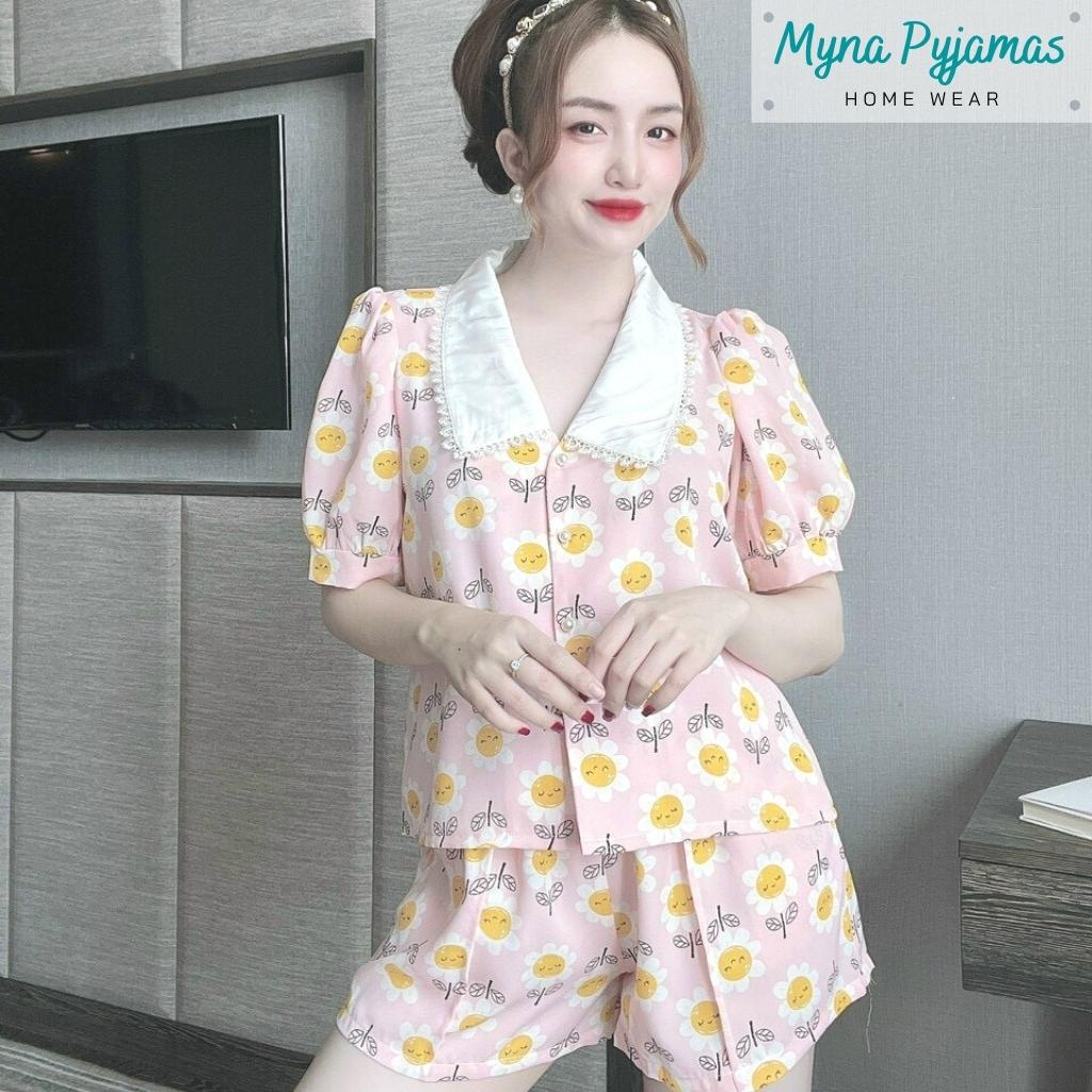 Bộ pyjama lụa cộc đùi nữ cổ viền ren tiểu thư - MYNA PYJAMAS