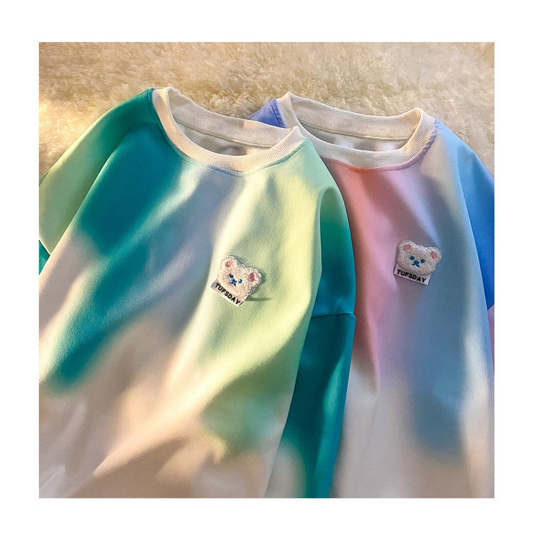 Áo sweatshirt dài tay cổ tròn nhuộm màu loang họa tiết gấu phong cách Harajuku Hàn Quốc thời trang thu đông 2022 cho nữ