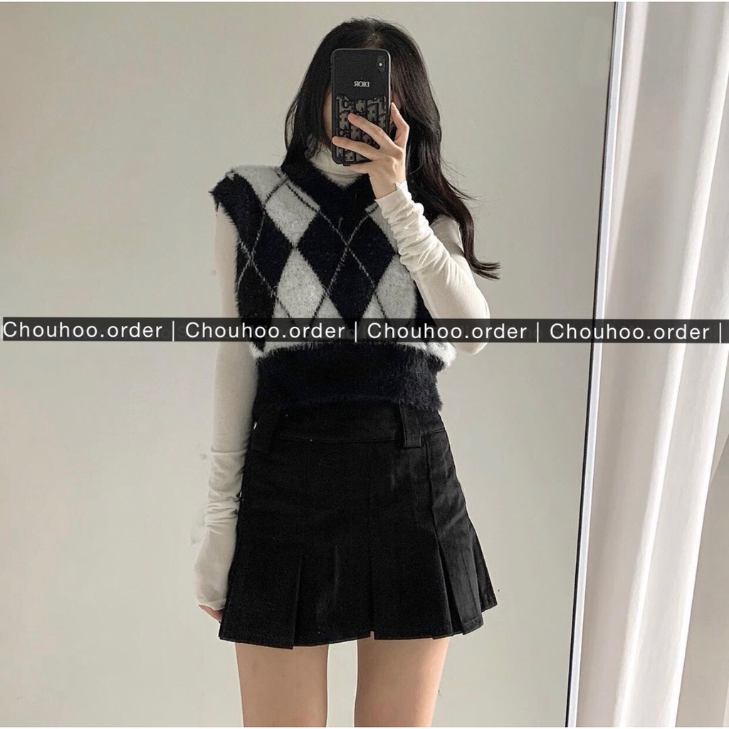 [ORDER]- Áo gile crotop hoạ tiết hình thoi/ Áo thun cổ lọ/ Váy xếp ly xoè kak | BigBuy360 - bigbuy360.vn