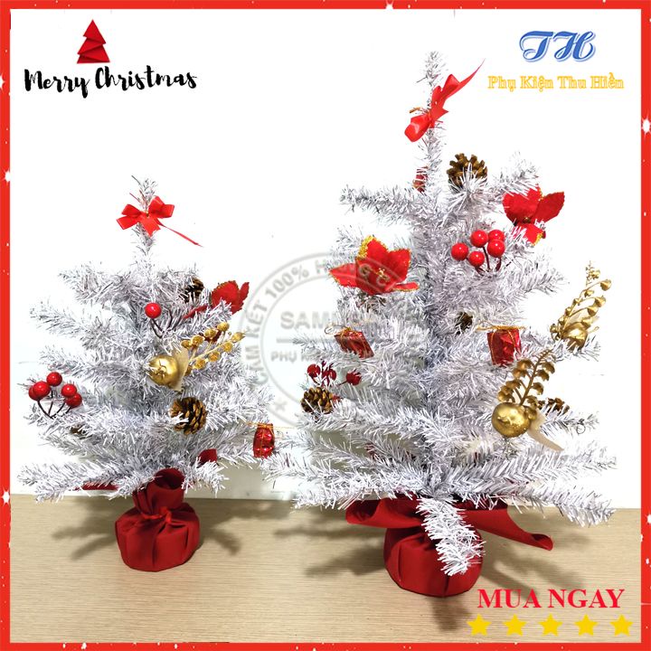 Cây thông noel mini để bàn 51cm màu trắng bạc đế nhựa bọc vải đỏ trang trí giáng sinh cho phòng khách, phòng ngủ