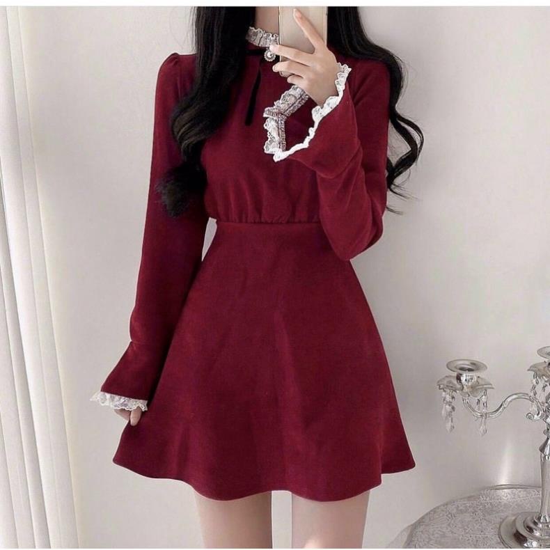 Váy nhung đỏ NADO, đầm đỏ tết tay dài dự tiệc nữ đỏ noel xòe phối ren tay và cổ thời trang đẹp freesize | BigBuy360 - bigbuy360.vn