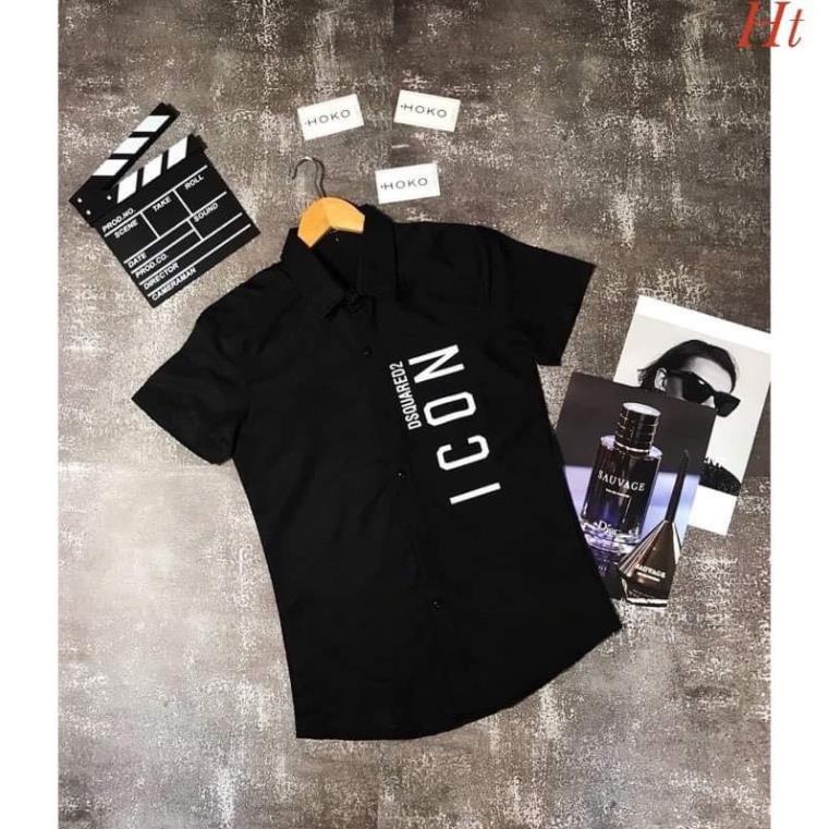 Áo sơ mi nam màu đen ngắn tay chữ ICON  Ht