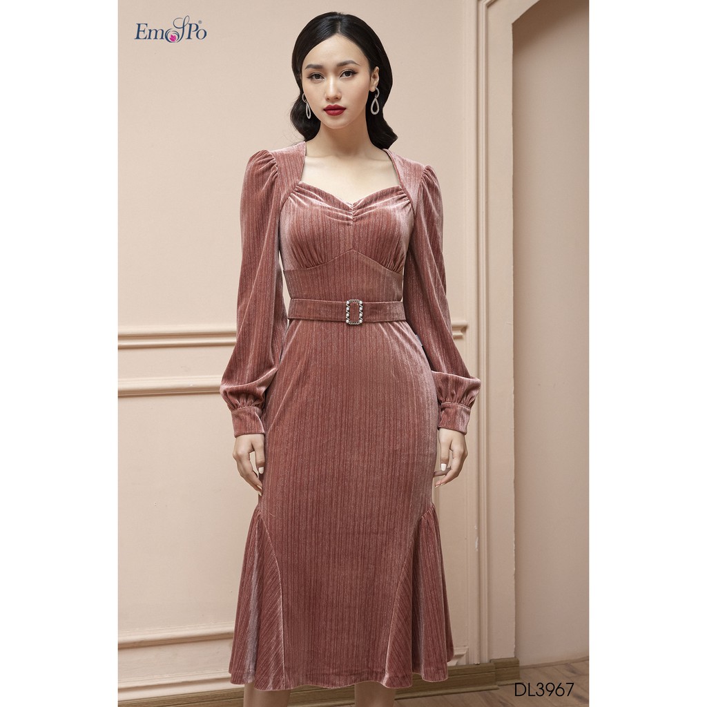 Đầm nhung Emspo cổ vuông, rúm ngực, đai eo rời DL3967