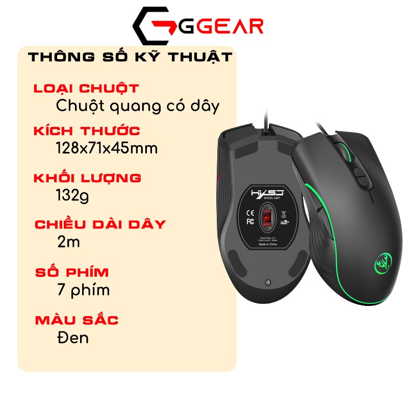 Chuột gaming máy tính có dây GGear HXSJ A867 led RGB 6400dpi bền bỉ cho game thủ cho laptop PC