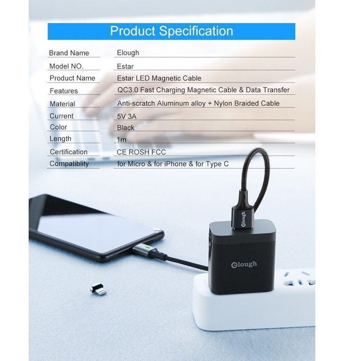 Cáp Sạc Truyền Dữ Liệu Nam Châm Elough Estar 2in1 Lightning, MicroUSB Hỗ Trợ Sạc Nhanh QC 3.0 Chính Hãng