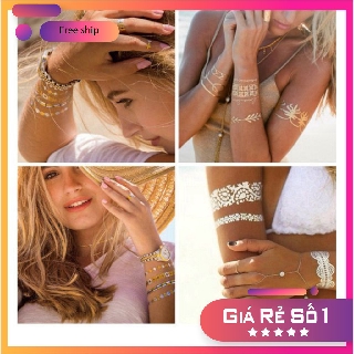 (sale) (Hàng có sẵn) Combo 8 hình xăm dán nhũ ánh kim flashtatoo phong cách henna đi chơi đi biển đẹp siêu cute giá rẻ