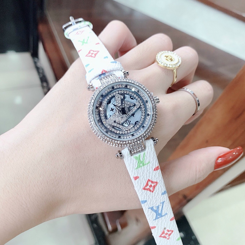 Đồng hồ nữ LV mặt xoay đính đá dây da cao cấp thiết kế sang trọng Full Box - bảo hành 12 tháng | BigBuy360 - bigbuy360.vn