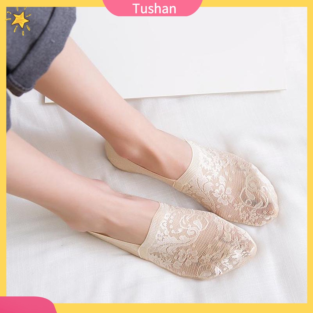 TUSH Women Solid Color Antiskid Invisible Lace Flower Low Cut Short Ankle Boat Socks