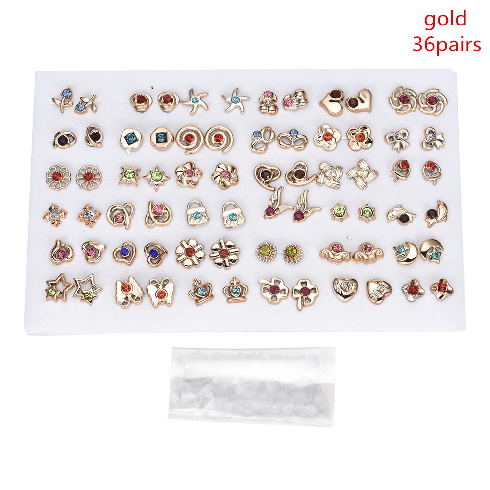 Bộ 12/36 đôi khuyên tai xỏ mini bằng nhựa đính pha lê thời trang dành cho nữ