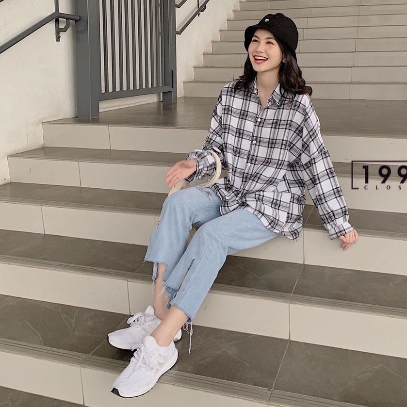 Áo sơ mi kẻ ô dài tay sơmi caro trắng đen nữ HOT FORM RỘNG