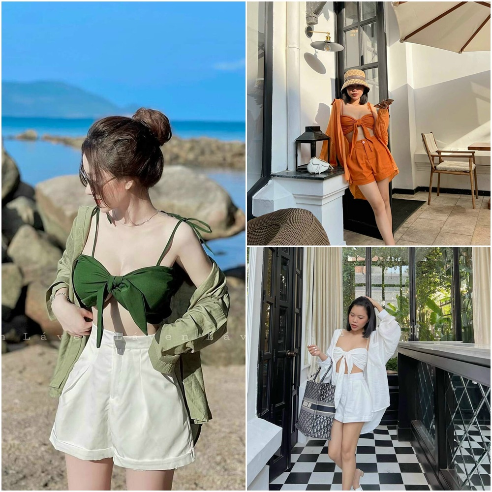 Set 3 món ÁO KHOÁC+ÁO TRONG CỘT NƠ (MÚT NGUC)+QUẦN ĐÙI đi biển SIÊU XINH,hàng chuẩn shop_set3mau