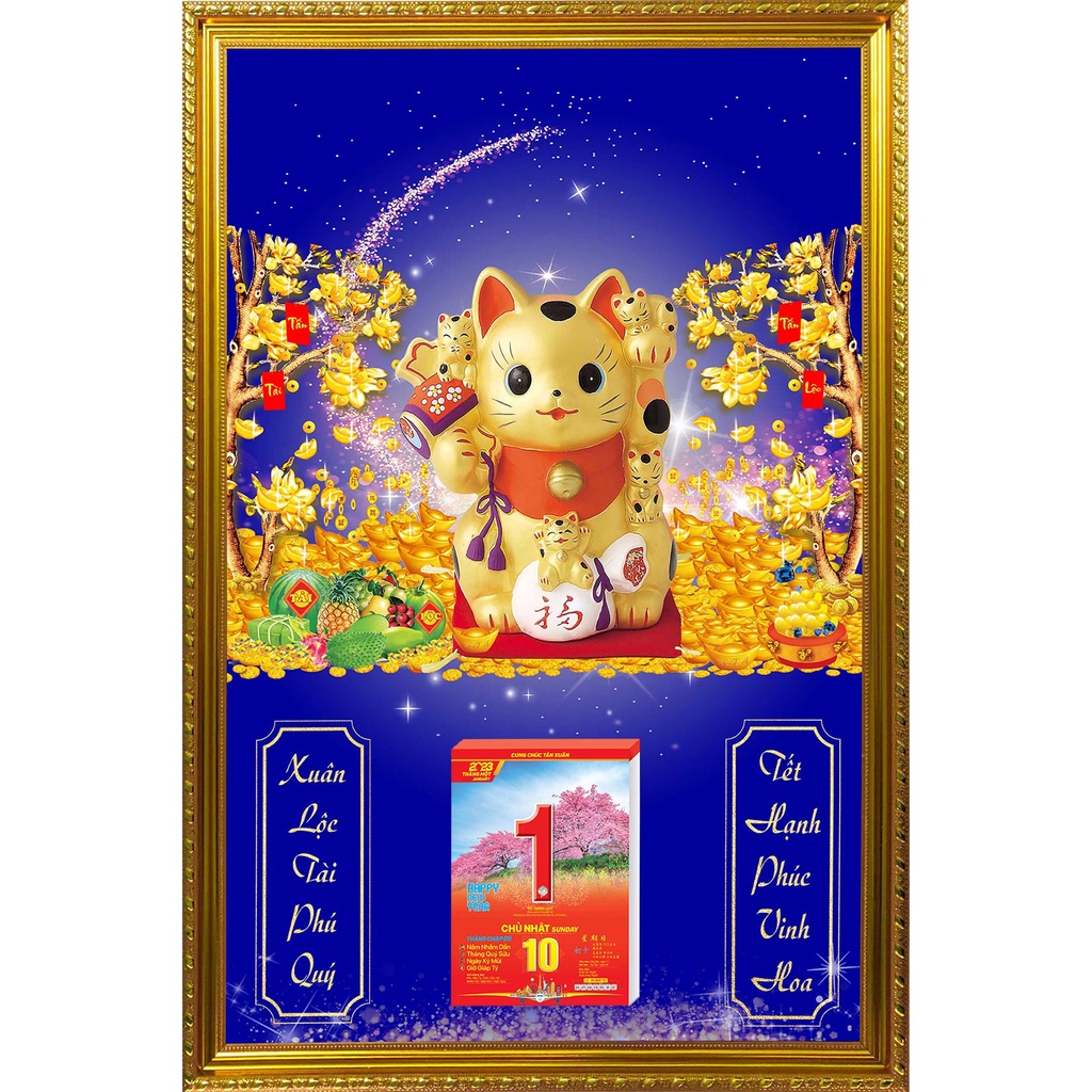 Lịch Gỗ Phù Điêu Khung Vàng Cao Cấp Treo Tường Laminate Tráng Gương 2023 (45 x 65cm) - Mèo Thần Tài