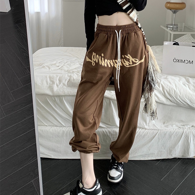 Quần Thể Thao Lưng Cao Ống Rộng In Họa Tiết Thời Trang