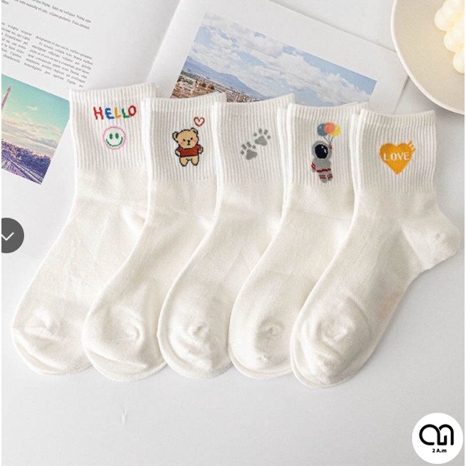 Tất Vớ Cổ Cao Nữ Tông Trắng Dễ Thương Họa Tiết Phi Hành Gia Chất Liệu Cotton Đẹp Thời Trang