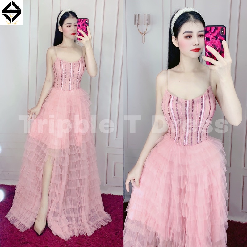 Đầm maxi TRIPBLE T DRESS cúp xếp tầng kết cườm - size M/L - MS348V