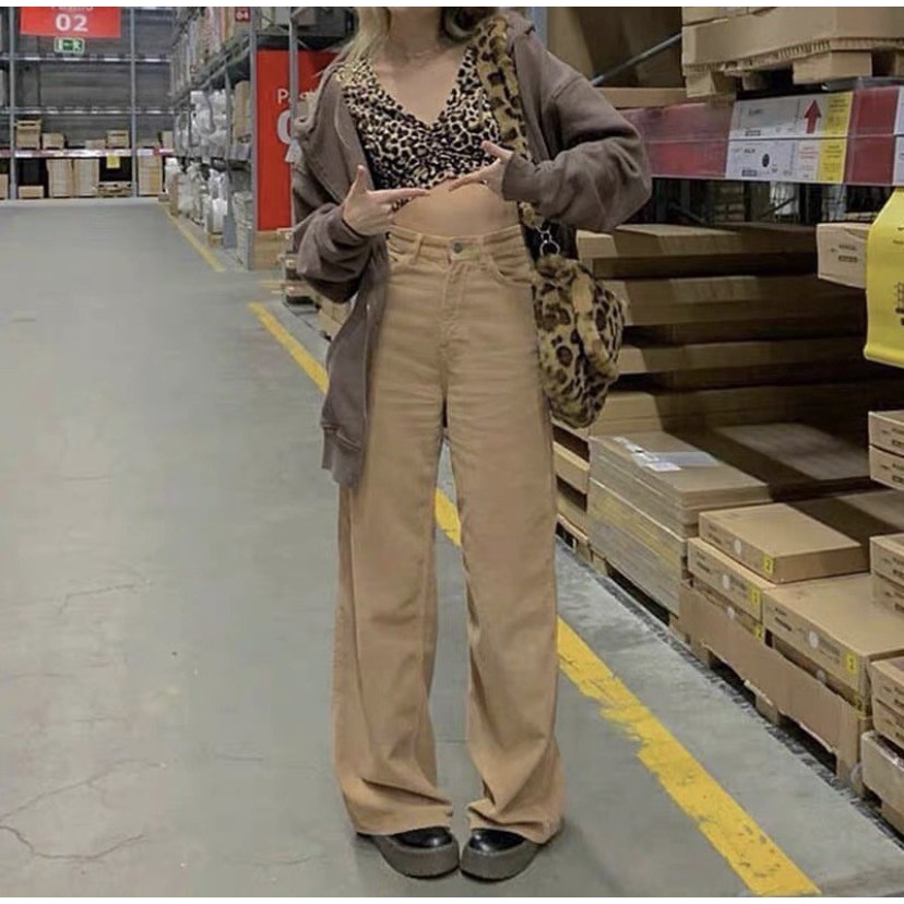 Quần dài ống suông nhung tăm tone nâu Retro