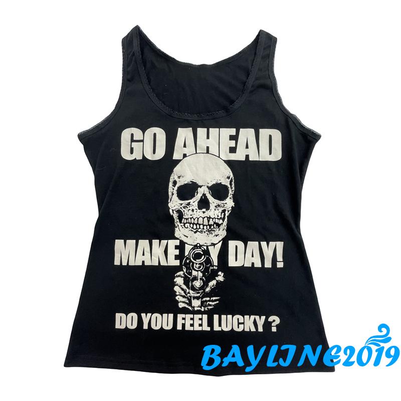 Áo Tank Top Ôm Dáng Cổ Chữ U In Họa Tiết Đầu Lâu Và Chữ Màu Đen Cho Nữ Cỡ S / M / L / XL