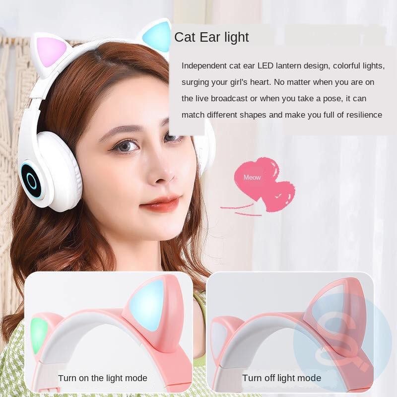 Tai Nghe Bluetooth Không Dây Hình Tai Mèo Phát Sáng Nhiều Màu