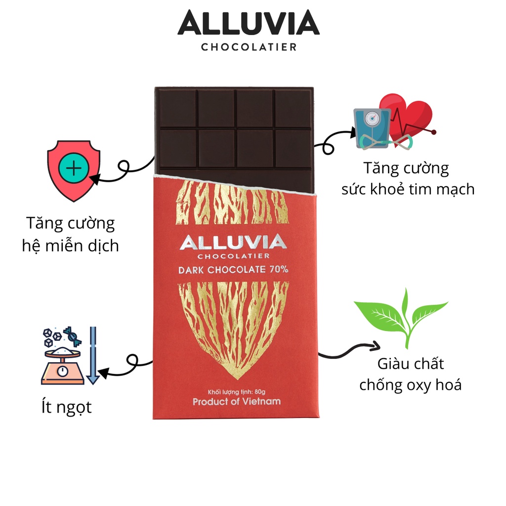 Socola đen nguyên chất 70% cacao đắng vừa ít ngọt Alluvia Chocolate Việt Nam Dark Chocolate 70% cacao