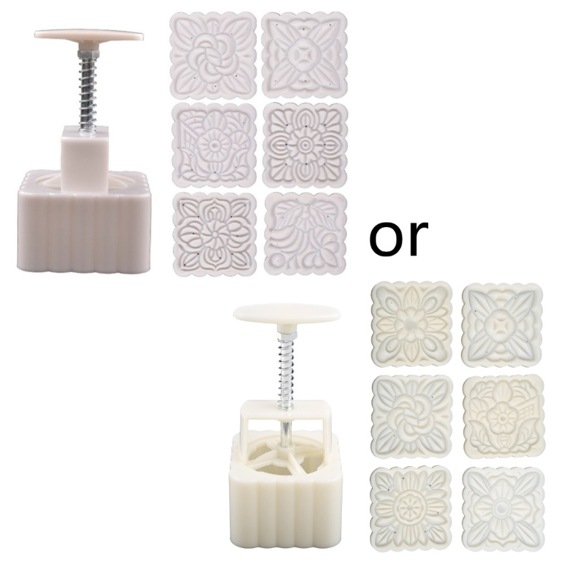 Bộ Khuôn Làm Bánh Trung Thu Hình Vuông 250g Kèm 6 Con Dấu Hình Hoa