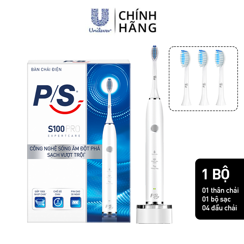 Bộ Bàn Chải Điện P/S S100 PRO màu trắng &amp; Bộ 2 đầu chải thay thế Sạch Sâu