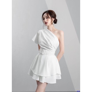 Đầm Xòe Lệch Vai Thiết Kế Hai Tầng Kèm Belt Xinh Xắn