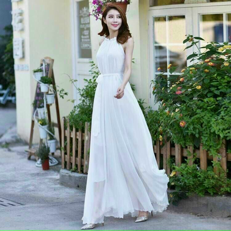 Đầm maxi dài cổ xếp ly sang trọng