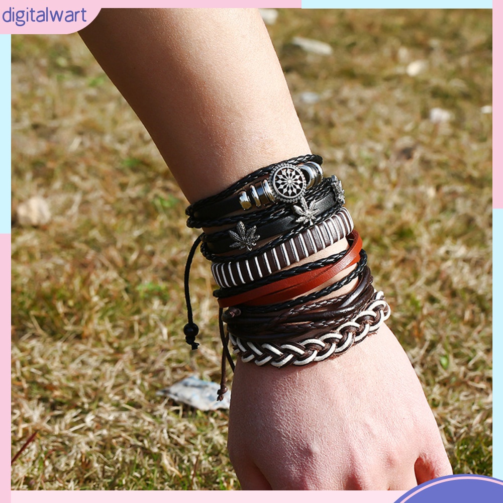 Set 6 vòng đeo tay da giả và dây bện phong cách retro thời trang dành cho nam
