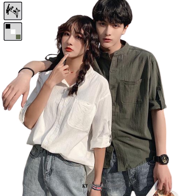 Áo sơ mi KT cotton linen cổ bẻ tay ngắn form rộng thời trang Hàn Quốc cho cặp đôi size S-3XL KT-C991