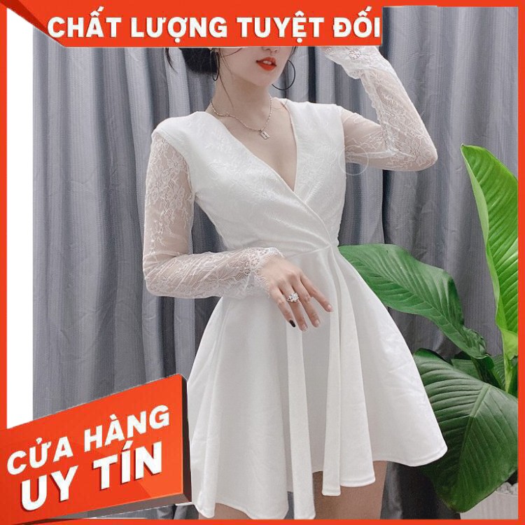 ✔️hienphamstore✔️ Đầm xòe tay ren, dài tay ngực đắp chéo, cổ V vạt chéo - DN8082