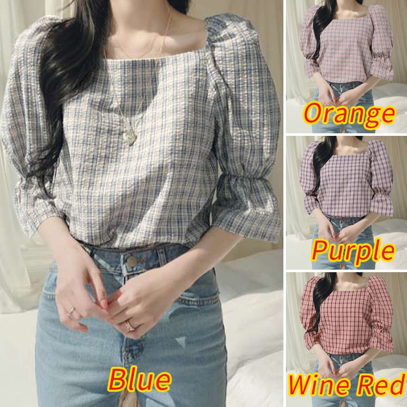 ZANZEA Áo Kiểu Tay Phồng 3/4 Cổ Vuông Thời Trang Hàn Quốc Cho Nữ