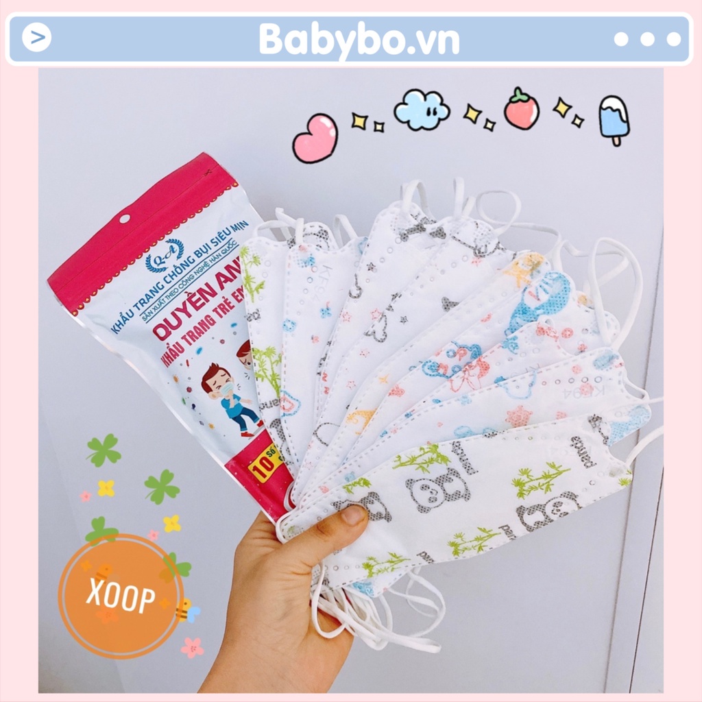 Khẩu trang kháng khuẩn cho bé, túi 10 khẩu trang 4D họa tiết đáng yêu đủ size từ 0-8 tuổi