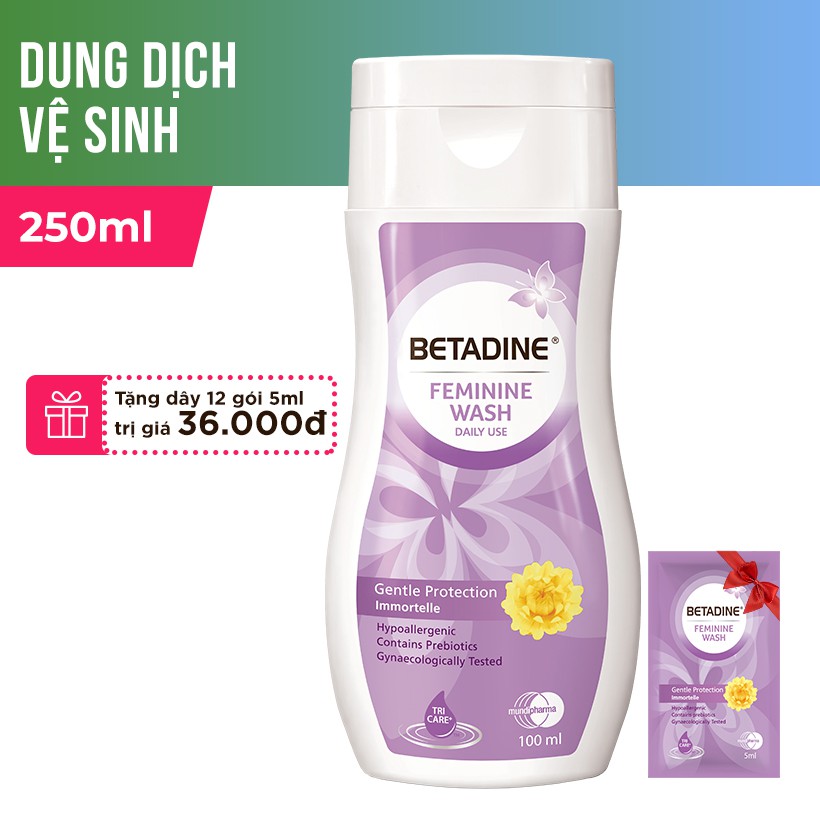 Dung dịch vệ sinh phụ nữ Betadine Tím 250ml/chai + Tặng dây 12 gói 5ml/gói