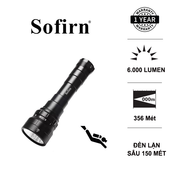 Đèn lặn SOFIRN DF60 độ sáng 6000 lumen chiếu xa 356m sử dụng 2 pin 26650 kèm theo