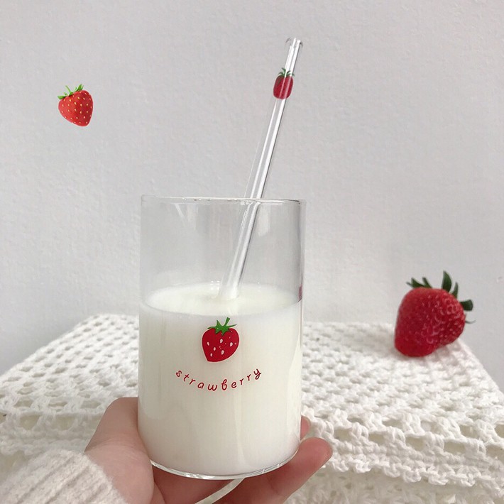 Cốc Ly Thủy Tinh Uống Nước Trà Sữa Trái Dâu Strawberry Đáng Yêu Cute Decor Trang Trí