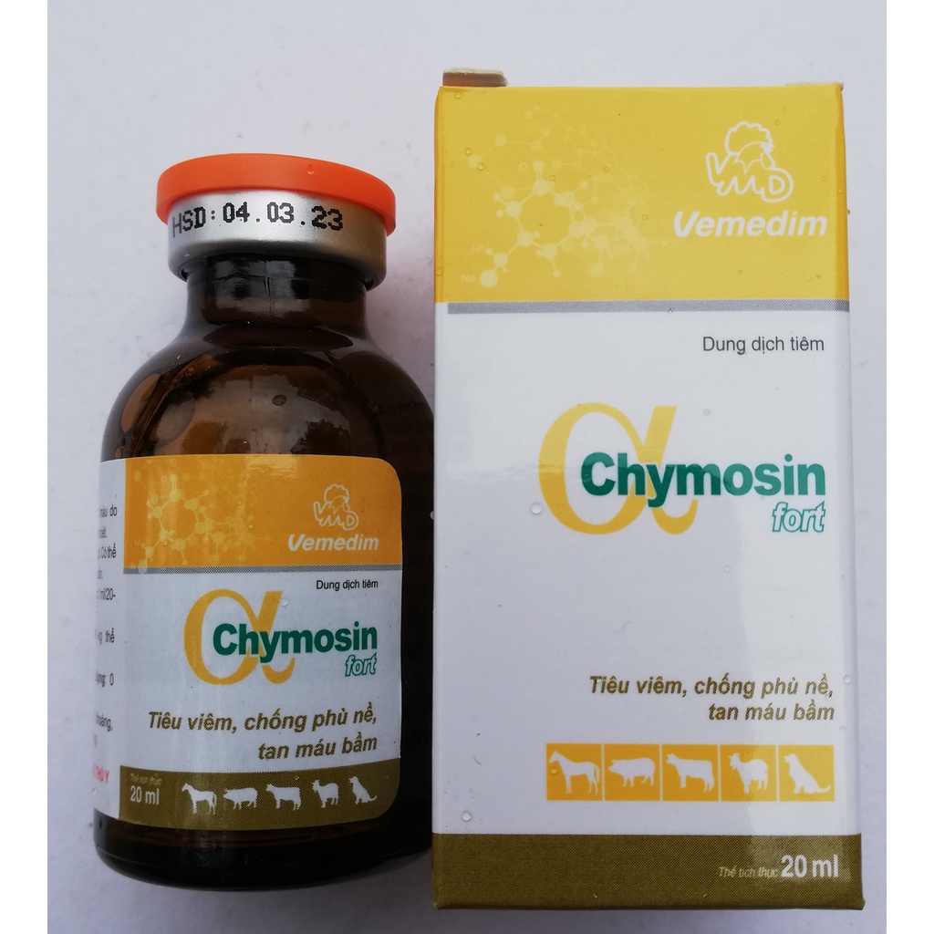 1 lọ Chymosin Fort 20 ml Dùng tiêu vi-êm, ch-ống phù nề, tan m-áu bầm trên trâu, bò, dê, cừu, ngựa, heo, chó, gà chọi